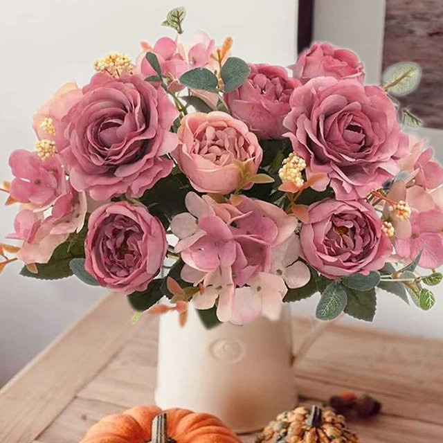 Künstliche Blumensträuße aus Seide mit Rosen, Hortensien und Pfingstrosen in Rot und Pink für Hochzeits- und Zimmerdekorationen - Bild 1
