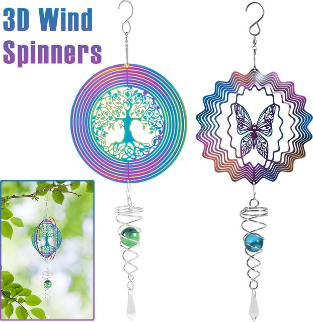 Edelstahl Windspinner Baum des Lebens mit Spiral-Schwanz als bunte Garten-Dekoration zum Aufhängen - Bild 1