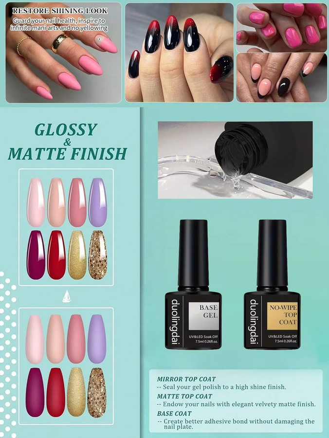 DUOLINGDAI Gel No-Wipe Top Coat & Base Coat 2er-Set, 7,5 ml, Glänzend - Bild 3