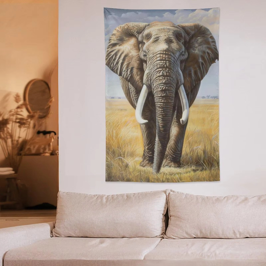 VIKAMA Wandteppich Afrikanische Savanne mit Elefanten im realistischen Ölgemälde-Stil, Mehrfarbig - Bild 2