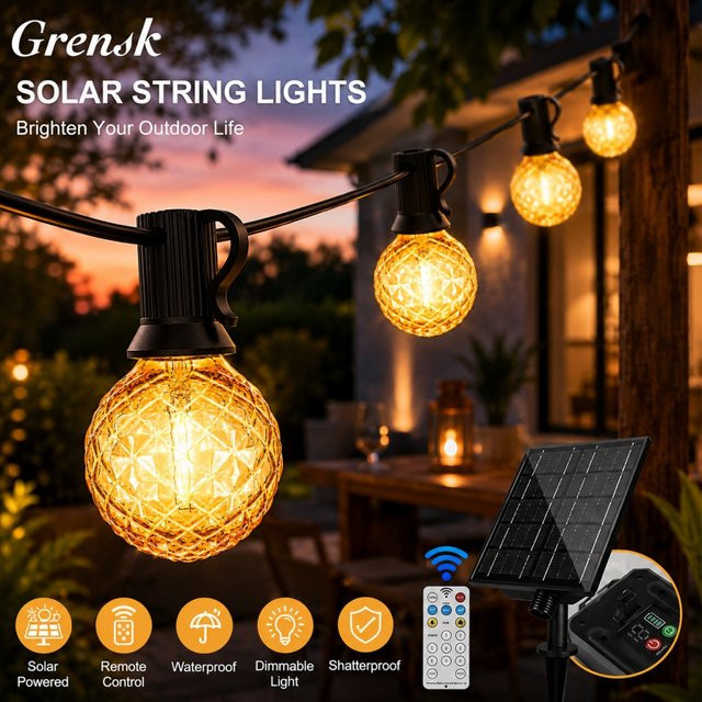 Grensk Solar-Lichterkette mit G40 Diamant-LEDs, fernbedienbar und dimmbar, IP44 wasserdicht, bruchsicher, warmweiß, transparent - Bild 1