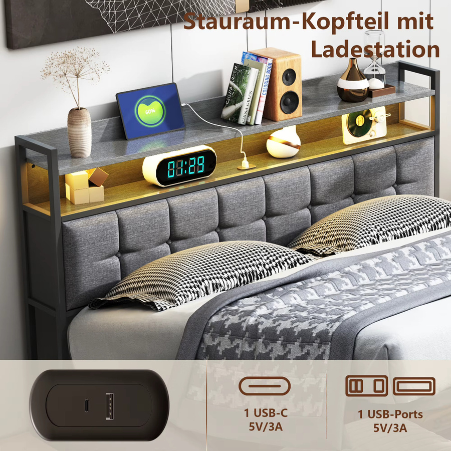 Polsterbett FEEOHOME in Grau mit Staufach und Kopfteil, Doppelbett mit Bettkasten und Hydraulikfunktion, B/T: 140 x 200 cm - Bild 6