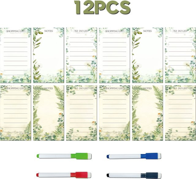 12 wiederverwendbare magnetische Haftnotizen mit Vintage-Pflanzen-Design und 4 löschbaren Stiften, mehrfarbig, liniertes Design - Bild 1