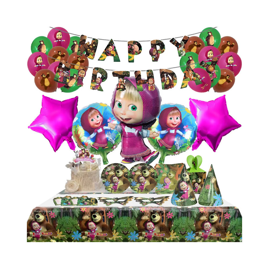 Disney Mashass und Bär Geburtstag Party Dekoration Set mit Hintergrund Banner Ballons und Einweggeschirr in Mehrfarbig - Bild 4