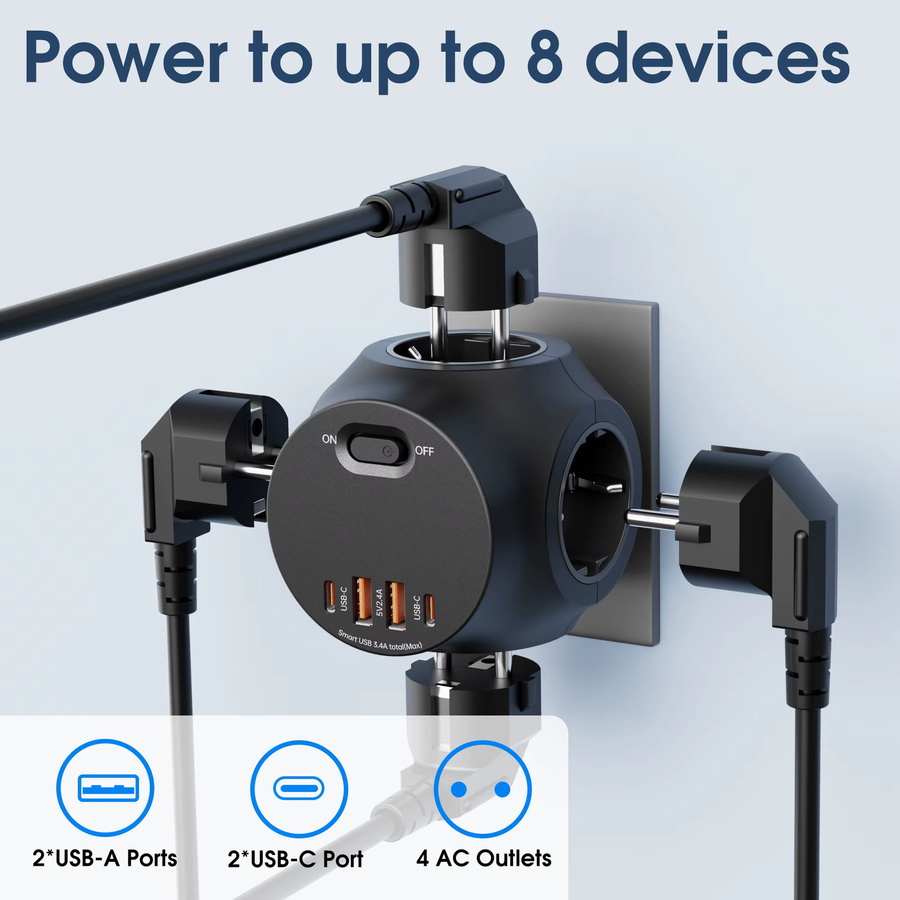 Multifunktions-Steckdosenleiste zur Wandmontage mit EU-Stecker, 4000 W, Überlastschalter, 2 USB-A und 2 USB-C Anschlüssen, Schwarz - Bild 3
