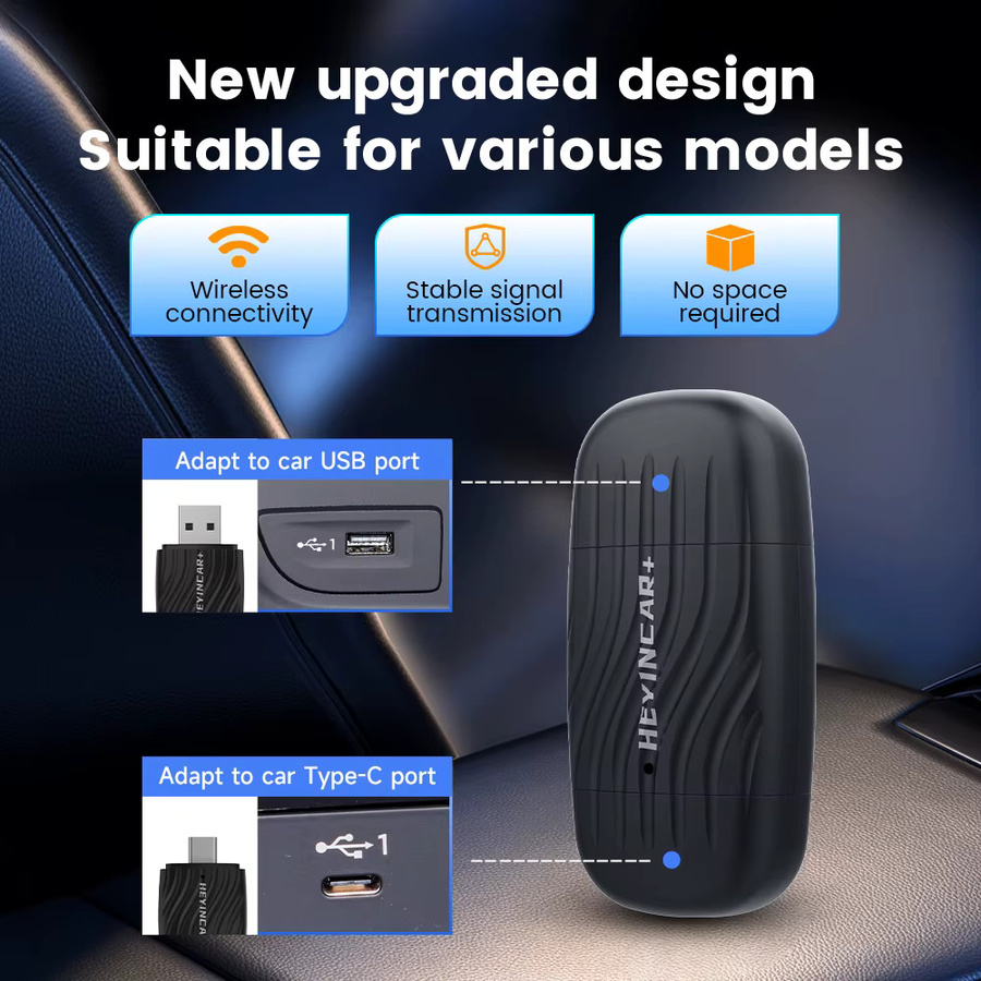 HEYINCAR 2-in-1 Wireless CarPlay und Android Auto Adapter, kabelloser Dongle für USB-C und USB-A, Schwarz - Bild 4