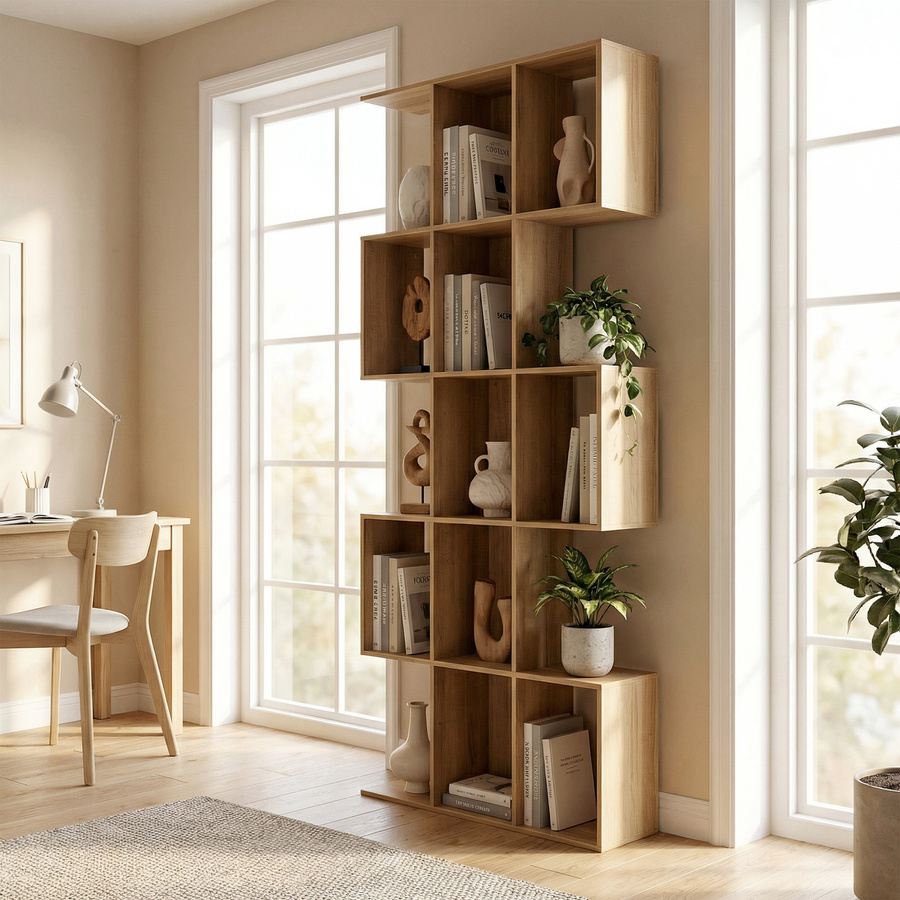 HOMCOM Bücherregal in S-Form mit 5 Ablagen und 15 Fächern, platzsparendes vertikales Aufbewahrungsregal für Wohnzimmer, Schlafzimmer und Büro, Farbe: Eiche/Braun - Bild 2