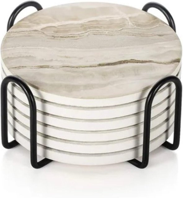 CosyHome Keramik Untersetzer Set mit Halterung, 6 Stück, beige, strukturierte Maserung und saugfähig - Bild 1