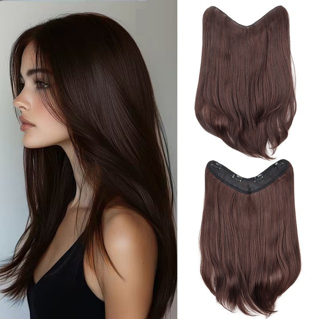 Haarverlängerung synthetisch, 16 Zoll, gerade V-Form, Schwarz Braun, Damen - Bild 1