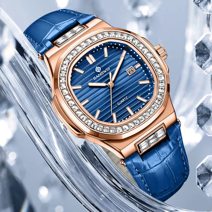 BANGWEI Chronograph Armbanduhr, Leder, Quarz, Eckig, Damen, Blau, Roségold - Bild 5
