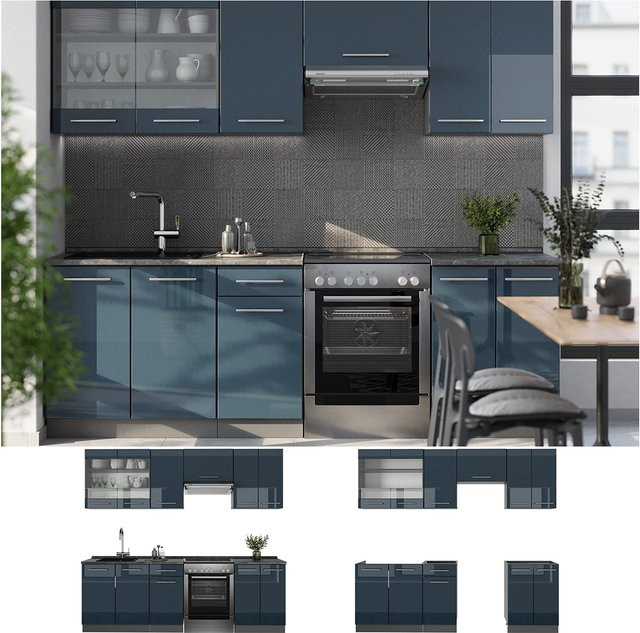 Vicco Küchenzeile Fame-Line Eiche Dunkelblau Hochglanz Breite: 240 cm - Bild 1