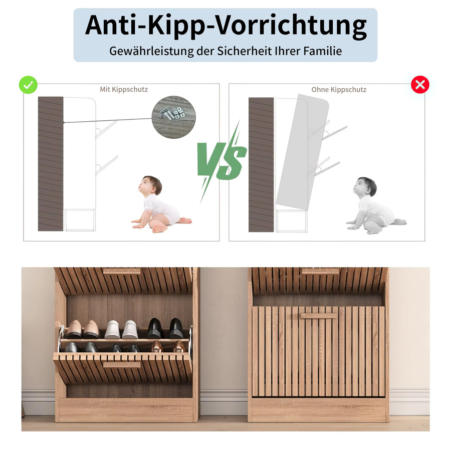 Comanlai Moderner Schuhschrank aus Holz in Braun mit 3 Klappschubladen und Belüftung, Freistehendes Schuhregal für Flur und Wohnzimmer - Bild 3