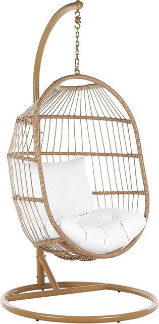Beliani Hängesessel Egg im Boho-Stil aus PE-Rattan mit Metallgestell, Beige/Weiss, B/T/H: 102 x 102 x 200 cm - Bild 1