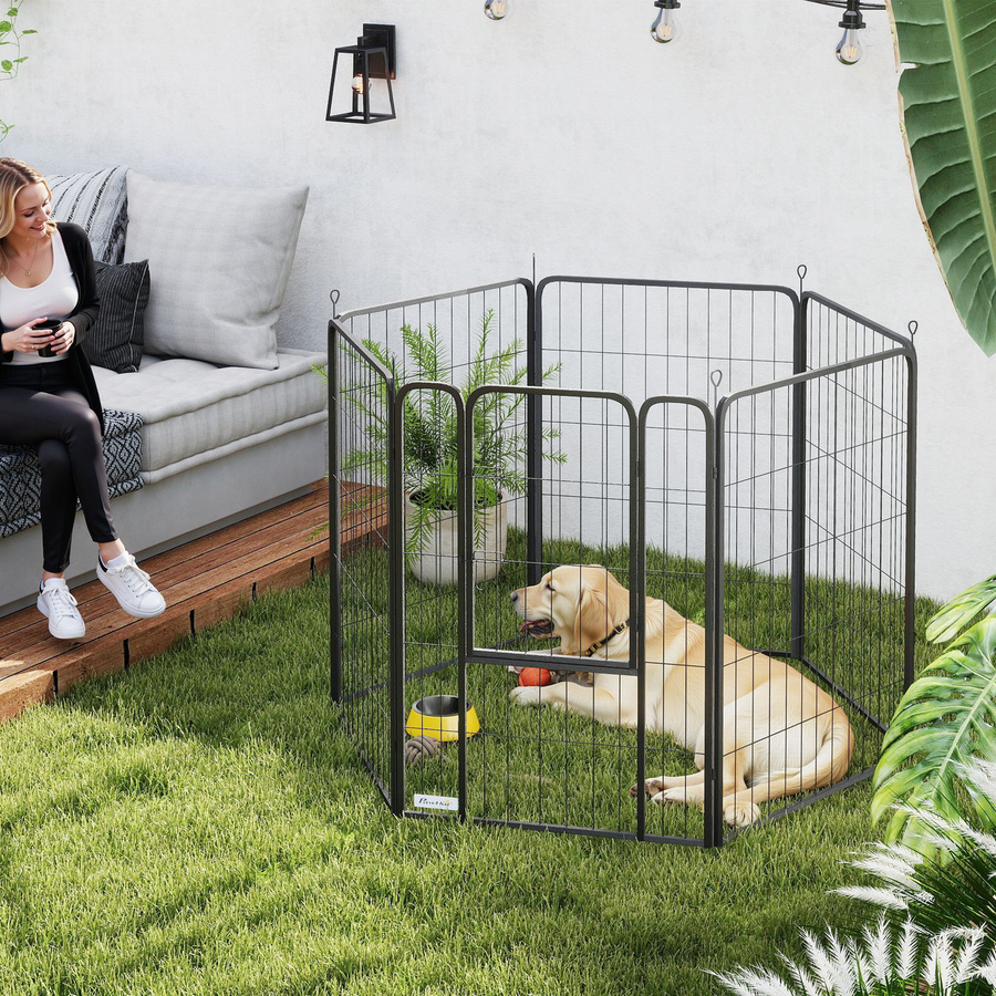 PawHut Welpenlaufstall 6-eckig aus Stahl in Schwarz, faltbares Freilaufgehege für Hunde und Katzen, B/H/L: 68 x 100 x 136 cm - Bild 2