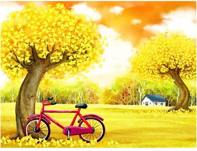 FIYO DIY Diamant Stickerei Set Ginkgo Baum Fahrrad Motiv in Gelb, 5D Vollbohrer Wandbild, Breite: 30 cm, Höhe: 20 cm - Bild 1