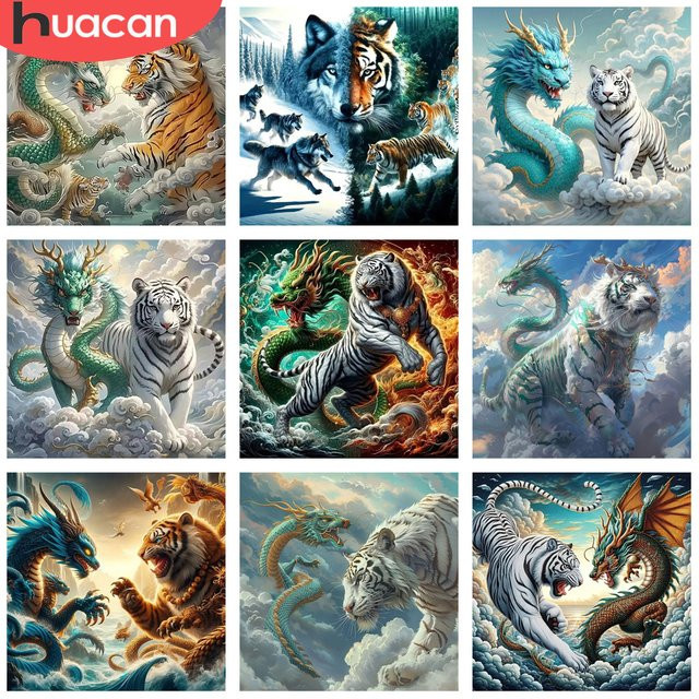 HUACAN 5D DIY Diamantmalerei Tiger Drache Set mit Mosaik-Tierbild in Multicolor - Bild 1