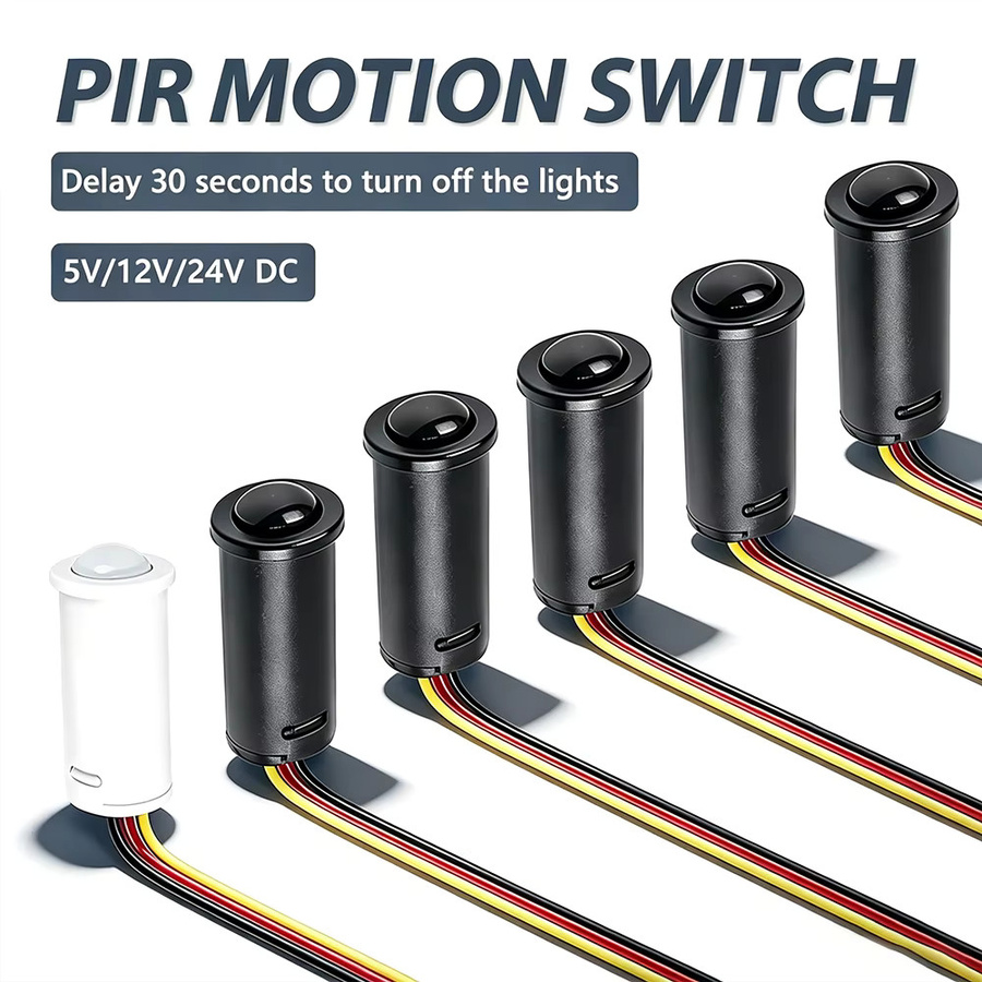 Eingebauter PIR-Bewegungssensor-Schalter in Schwarz mit 5m Erfassungsreichweite und IP44 Schutzklasse für Treppen, Küche oder Flur (5V/12V/24V DC) - Bild 6