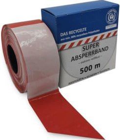 KELMAPLAST Absperrband rot/weiß geblockt, 500 m Rolle, aus mindestens 80% recyceltem Kunststoff mit Blauer Engel Zertifizierung - Bild 1
