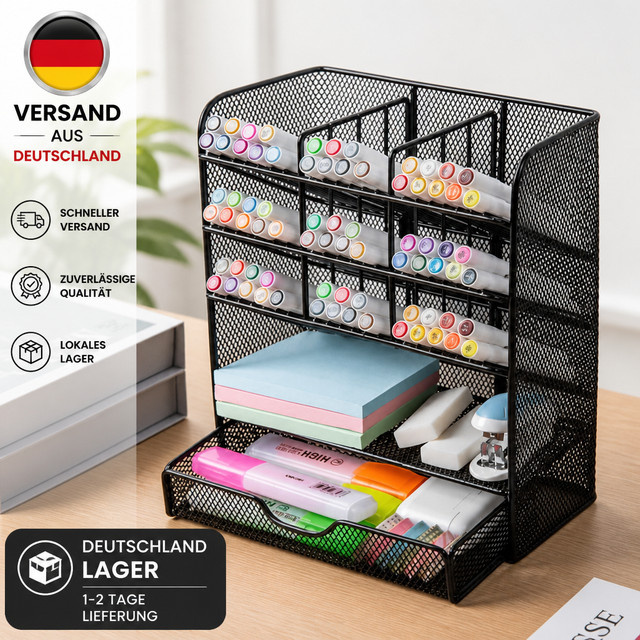 Schreibtisch-Organizer aus Metallgitter in Schwarz mit Schublade und Stifthalter, B/T/H: 25 x 21,2 x 9 cm - Bild 1