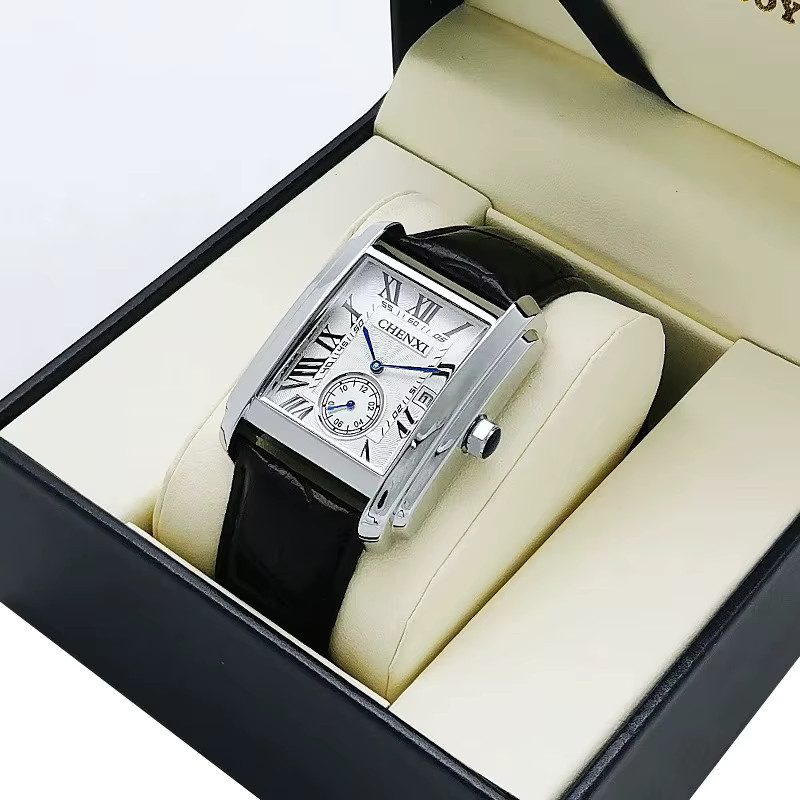 CHENXI Armbanduhr Herren, Quarz, Eckiges Zifferblatt, Leder, Silber - Bild 3