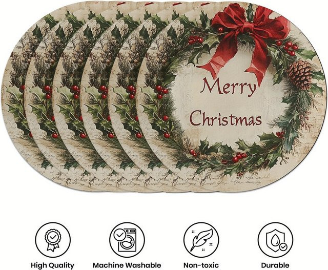 VIKAMA 6er Set Weihnachtsmahlzeitmatten mit Weihnachtskranz-Design in Rot und floralem Muster aus PVC - Bild 1