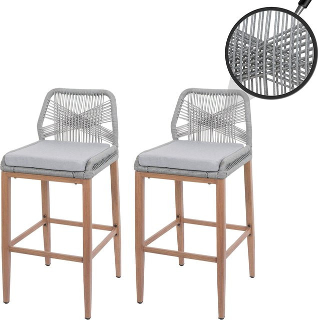 2er-Set MCW Rope-Barhocker MCW-O21 Outdoor mit Seilgeflecht und Kissen in Hellgrau und Holz-Optik - Bild 1