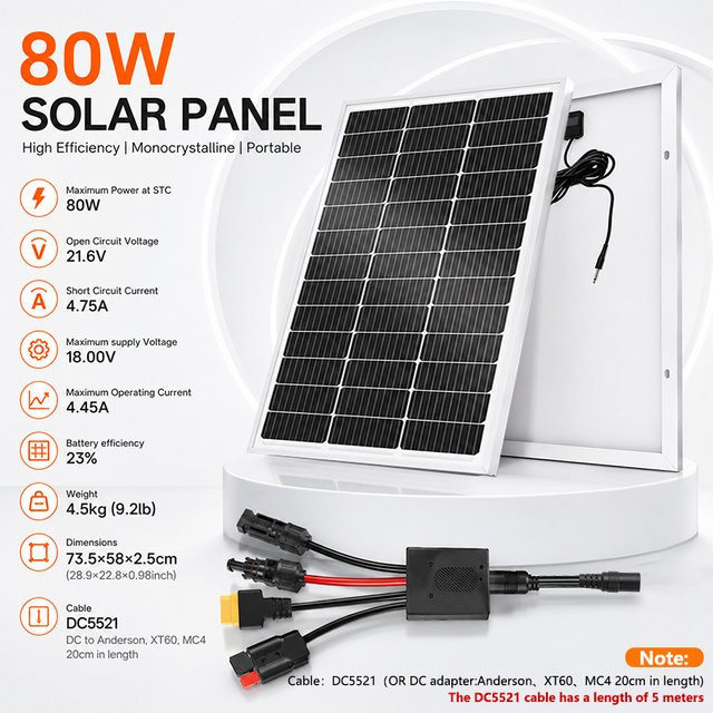 CHUBAN Starres Glas-Solarmodul 80W in Schwarz mit 5M DC-Kabel und 5-in-1 Adapterkabel für Balkonmontage, Powerstation und Camping - Bild 1