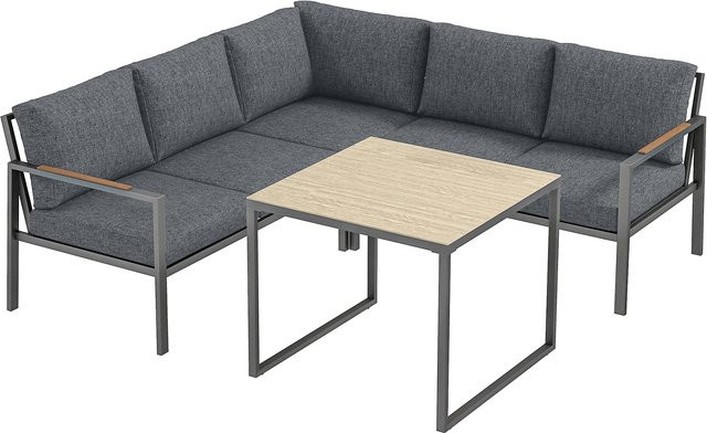 Outsunny Outdoor-Lounge 3-teilig für 5 Personen mit Couchtisch und Glasplatte, L-Shape Sofa-Set für Garten, Balkon und Terrasse, Anthrazit/Grau - Bild 1