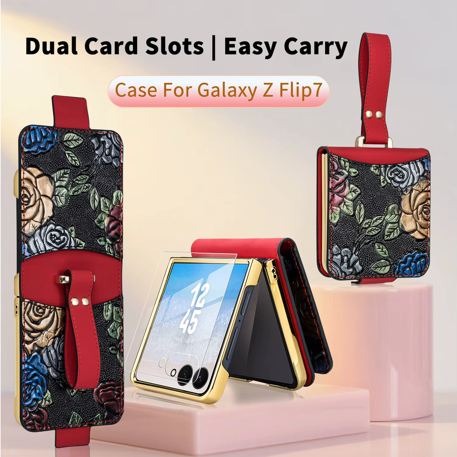 VIETAO Handyhülle aus PU-Leder mit Reliefmalerei Blumen und Armband für Samsung Galaxy Z Flip 8 7 6 5 4 3 in Braun - Bild 5