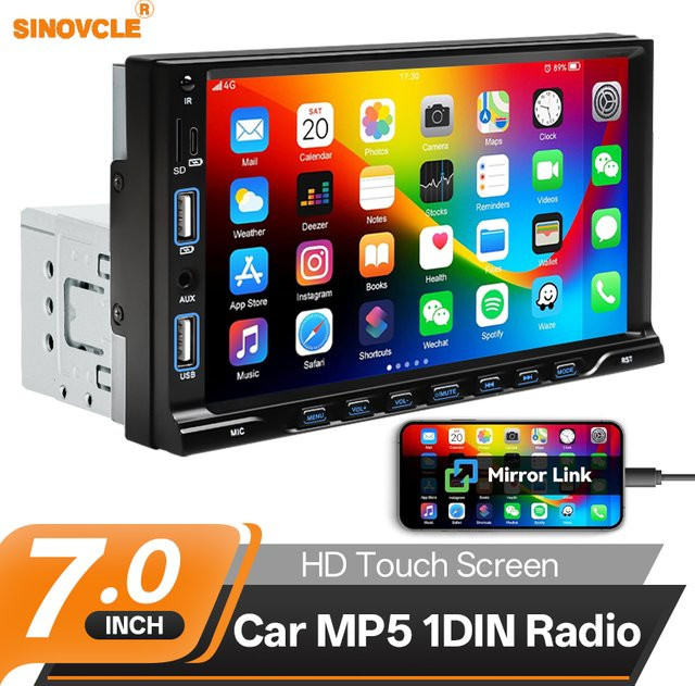 Sinovcle 1Din Multimedia MP5 Autoradio mit 7 Zoll HD Touchscreen, USB-A und AUX-Eingang, Mirrorlink, Schwarz, 12V Universal - Bild 1