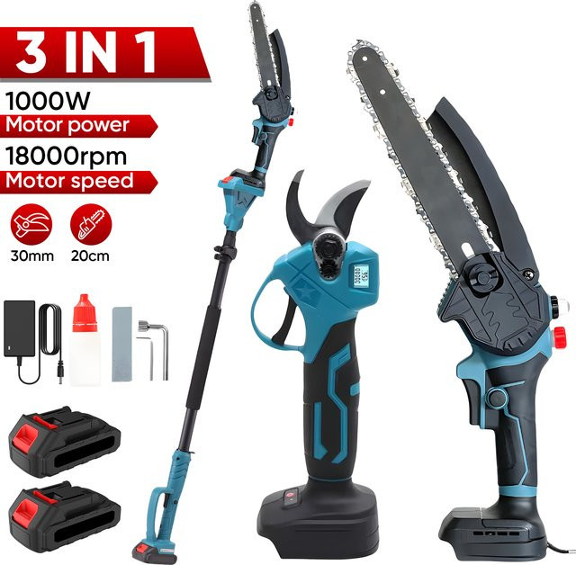 3-in-1 Bürstenlose Teleskop-Elektrokettensäge mit Gartenschere für Makita 21V Akku, Blau - Bild 1