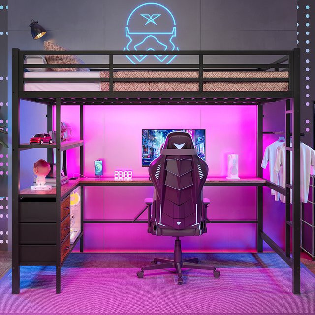 KOMHTOM Hochbett mit LED-Beleuchtung, Schreibtisch, USB-Ladestation, 3 Schubladen, Regalen und Treppe in Schwarz, B/T/H: 140 x 200 cm, ohne Matratze - Bild 1
