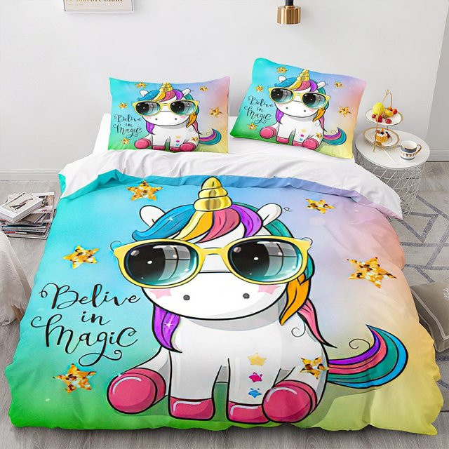 Bettwäsche Set mit Cartoon Einhorn Motiv in Weiß und Bunt für Kinder und Mädchen, Polyester mit verstecktem Reißverschluss, B/H: 135 x 200 cm - Bild 1