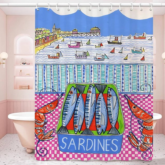 Wasserdichter Duschvorhang mit buntem Sardinen und Hummer Motiv in maritimer Optik, B/H: 180 x 200 cm - Bild 1
