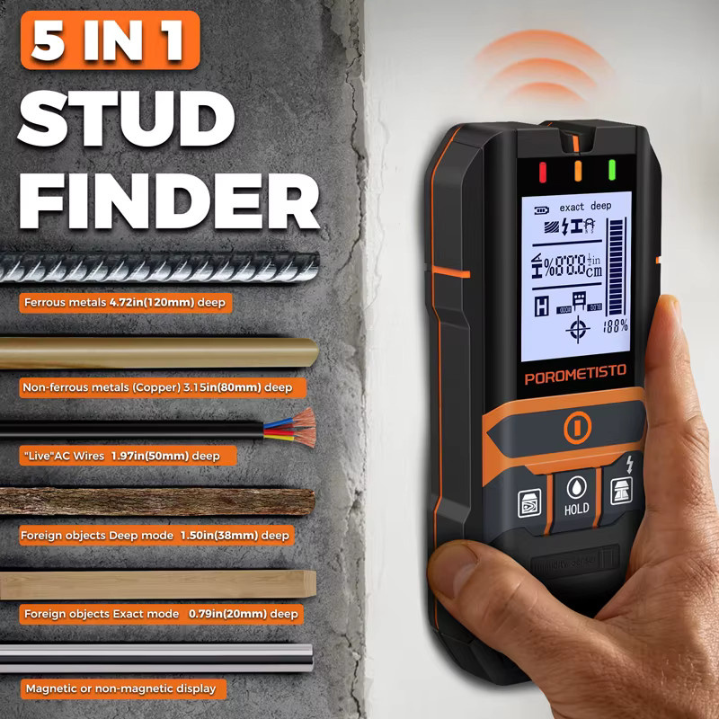 POROMETISTO 2-in-1 Wandscanner und Feuchtigkeitsmesser in Schwarz mit AC-Kabel-, Draht- und Holzdetektor sowie dreifarbiger Anzeige - Bild 2