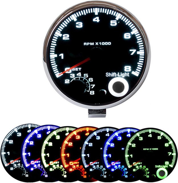 VehicleKit Universal Auto Tachometeranzeige mit 7 LED-Farben Hintergrundlicht in Schwarz, Blau und Silber - Bild 1