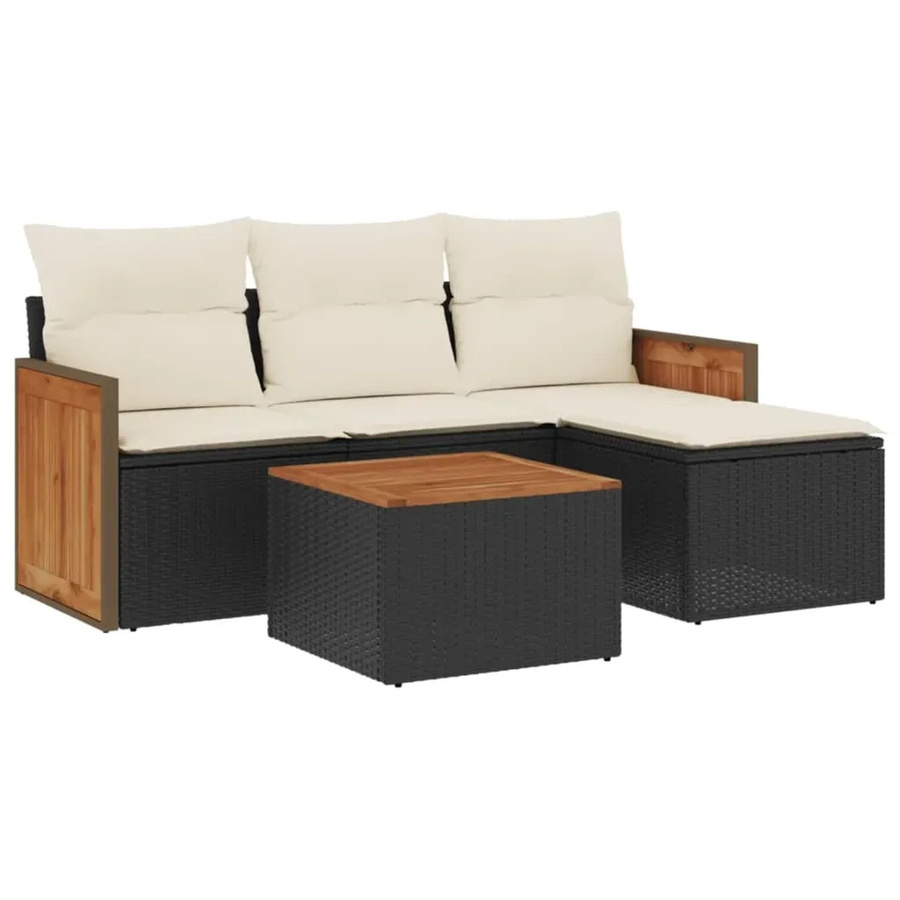 vidaXL 5-tlg. Garten-Sofagarnitur aus Poly-Rattan und Akazienholz in Schwarz mit Kissen - Bild 2