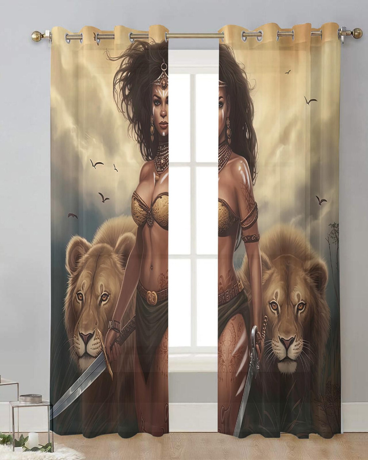Transparente Vorhänge Afrikanische Savanne mit Löwen-Motiv aus Tüll, Voile und Organza, B: 135 cm, H: 115 cm - Bild 3
