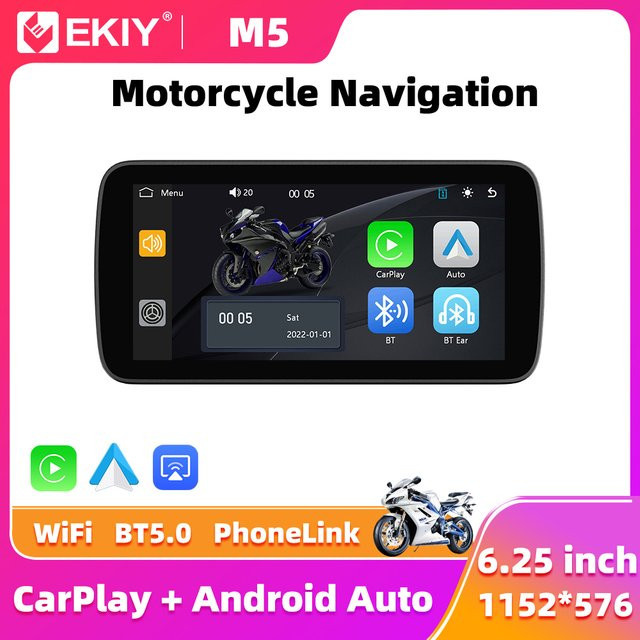 EKIY Wireless CarPlay und Android Auto Motorrad-Navigationsgerät mit 6,25 Zoll Display, GPS und TPMS in Schwarz - Bild 1