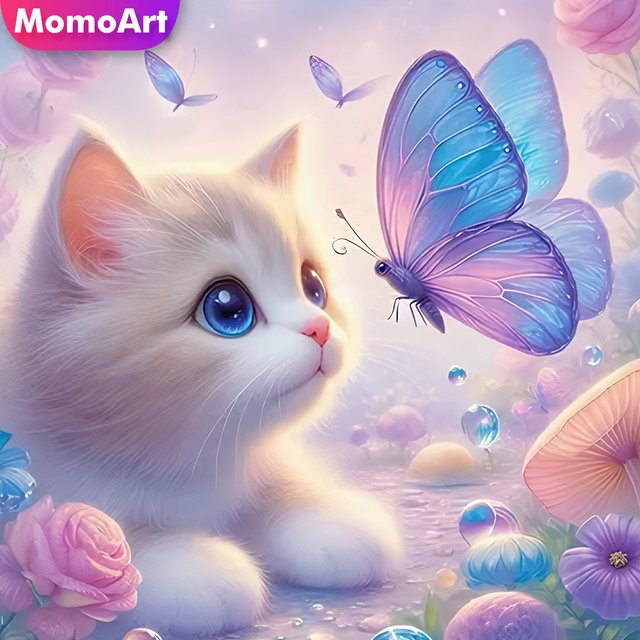 Momoart Diamantmosaik DIY Set Katze und Schmetterling in Multicolour, Tischdeko Malerei mit Strass-Diamanten - Bild 1