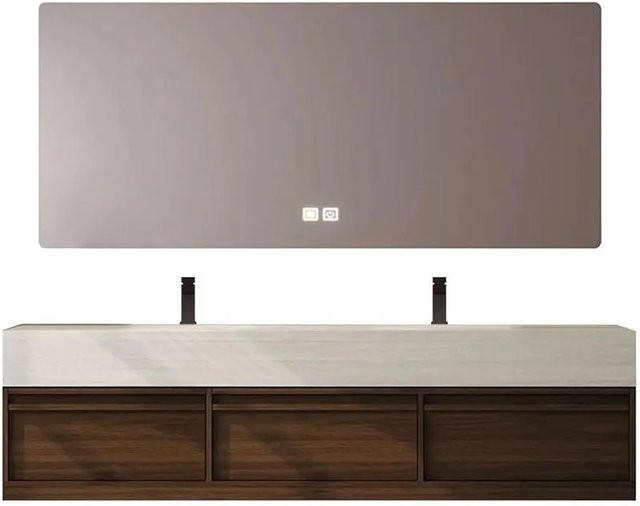 360Home Waschtisch-Set aus Sinterstein in Braun mit Doppelspüle, Spiegelschrank und LED-Beleuchtung, B/T/H: 150 x 55 x 25 cm - Bild 1