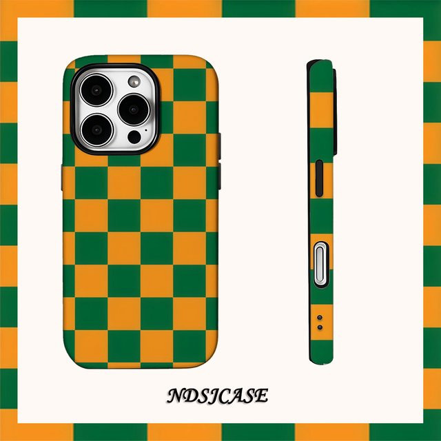 Luxuriöse Handyhülle mit kariertem Design in Grün und Orange für iPhone 11 bis iPhone 17 Pro Max und weitere Modelle mit doppellagiger Rückseite - Bild 1