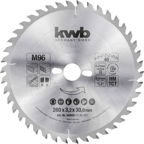 Kwb Kreissägeblatt für Holz und Kunststoff, Carbide Tipped, Farbe: Silber, Durchmesser: 260 mm, Bohrung: 30 mm - Bild 1
