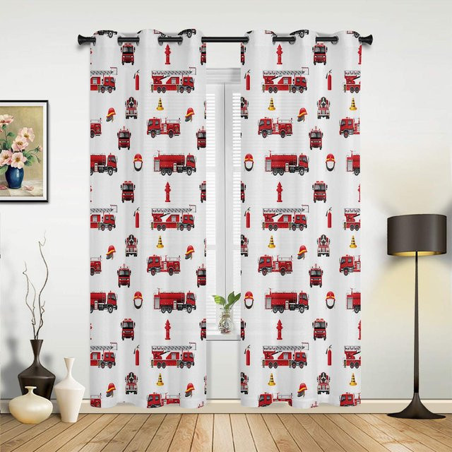 YTO Vorhang mit Cartoon-Feuerwehrauto-Muster in Weiß für Kinderzimmer und Wohnzimmer, Breite: 135 cm, Höhe: 60 cm - Bild 1