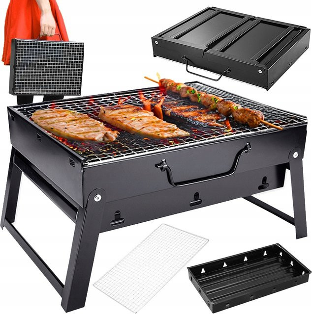 R2 INVEST Holzkohlegrill für Camping und unterwegs, tragbar und klappbar, Schwarz, B/T: 35 x 27 cm - Bild 1