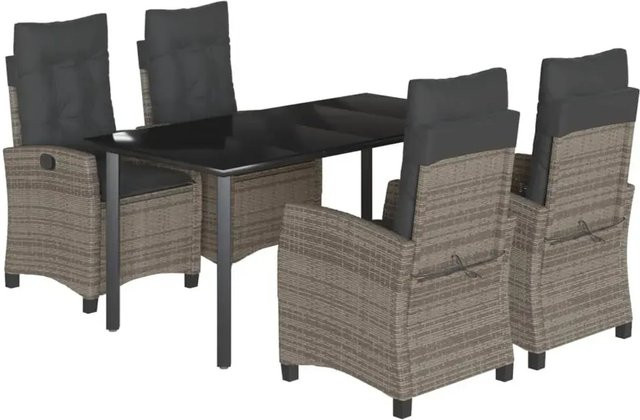 vidaXL 5-teilige Garten-Essgruppe aus Poly-Rattan mit Kissen in Grau und Tisch mit gehärtetem Glas - Bild 1