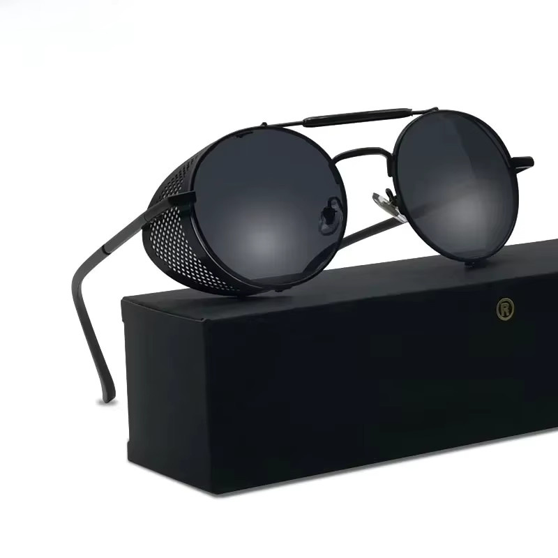 VEGA Runde Steampunk-Sonnenbrille, Vollrand, Metall, Schwarz, Unisex - Bild 3