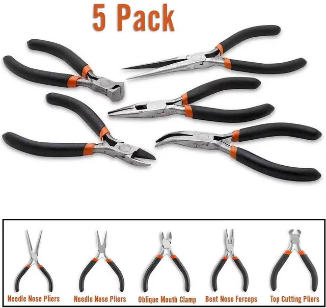 Alikote 5er Set Mini Handwerkzeuge Set mit Spitzzange, Schräge Drahtzange und Flachnase in Multicolour, 4,5 Zoll - Bild 1