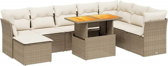 vidaXL 9-teilige Garten-Sofagarnitur in L-Form aus Poly-Rattan und Akazienholz mit Kissen in Beige-creme - Bild 1