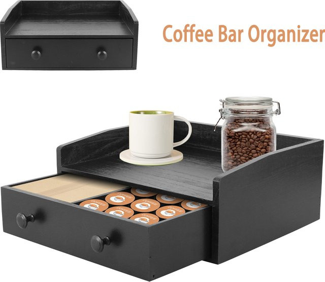 Willstar Kaffeeständer aus Holz in Schwarz mit Schublade, Vintage Kaffeebar-Organizer für dein Home Office - Bild 1